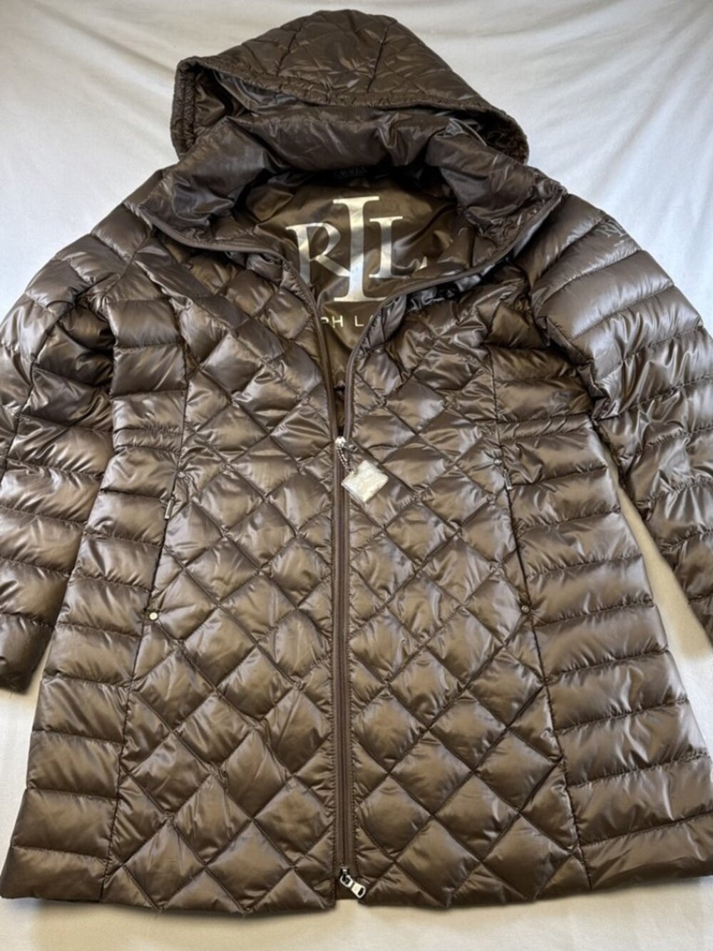 Lauren Ralph Lauren Quilted Puffer Duck Down Hood Tan Jacket Coat Large